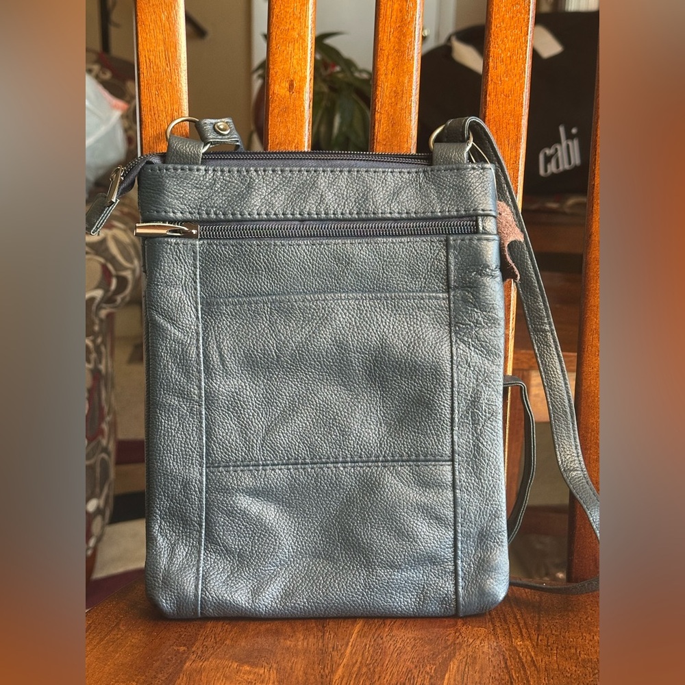 Genuine Leather Navy Crossbody Bag Multi Zip Organizer Travel Purse Small - Picture 2 of 13